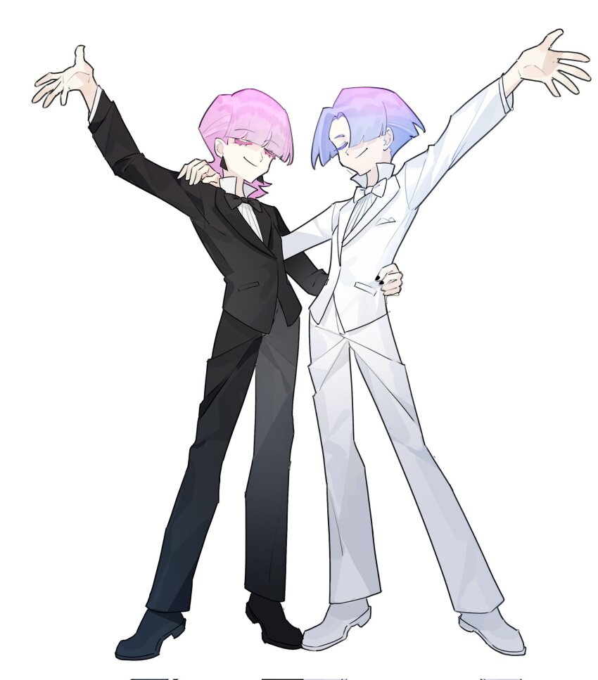 2boys, black_jacket, black_nails, black_pants, black_shoes, blunt_bangs, bow, bowtie