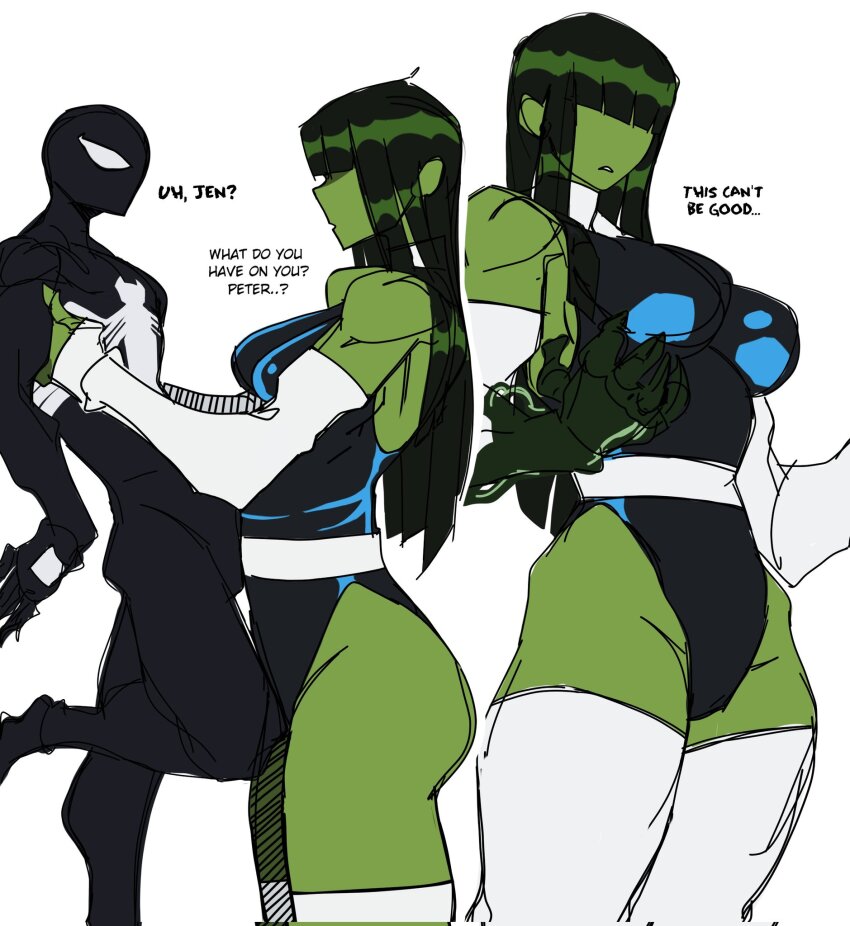 1boy, 1girl, alternate_hairstyle, black_bodysuit, blue_leotard, bodysuit, carrying, carrying_person, colored_skin, green_hair, green_skin, hair_over_eyes, highres, leotard, marvel, she-hulk, simple_background, spider-man, spider-man_(original_black_suit), spider-man_(series), standing, symbiote, t1tans90, tall_female
