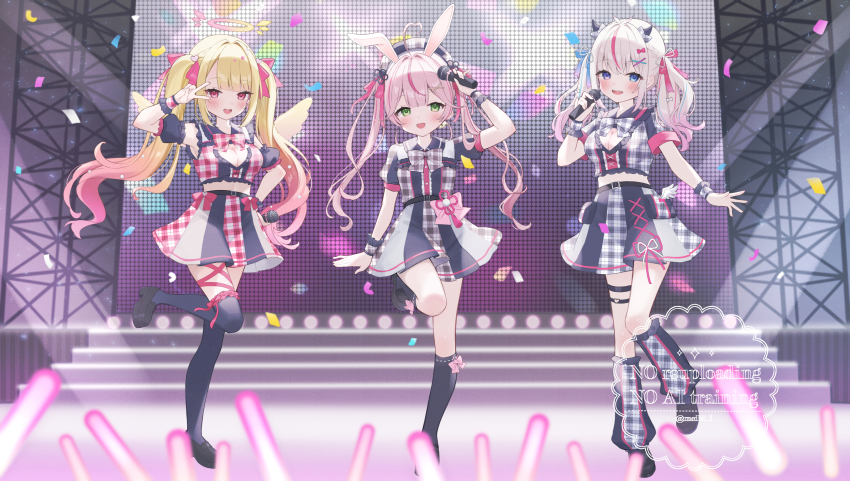 1girl, 3girls, absurdres, blonde_hair, blue_eyes, blush, boots, bow, breasts, dress, green_eyes, hair_ornament, heart, highres, idol, indie_virtual_youtuber, long_hair, looking_at_viewer, meibi_1, microphone, mochizuki_nako, multicolored_hair, multiple_girls, nanami_meari, official_art, open_mouth, pink_hair, puffy_sleeves, smile, stage, thighhighs, twintails, virtual_youtuber, yasou_toiki
