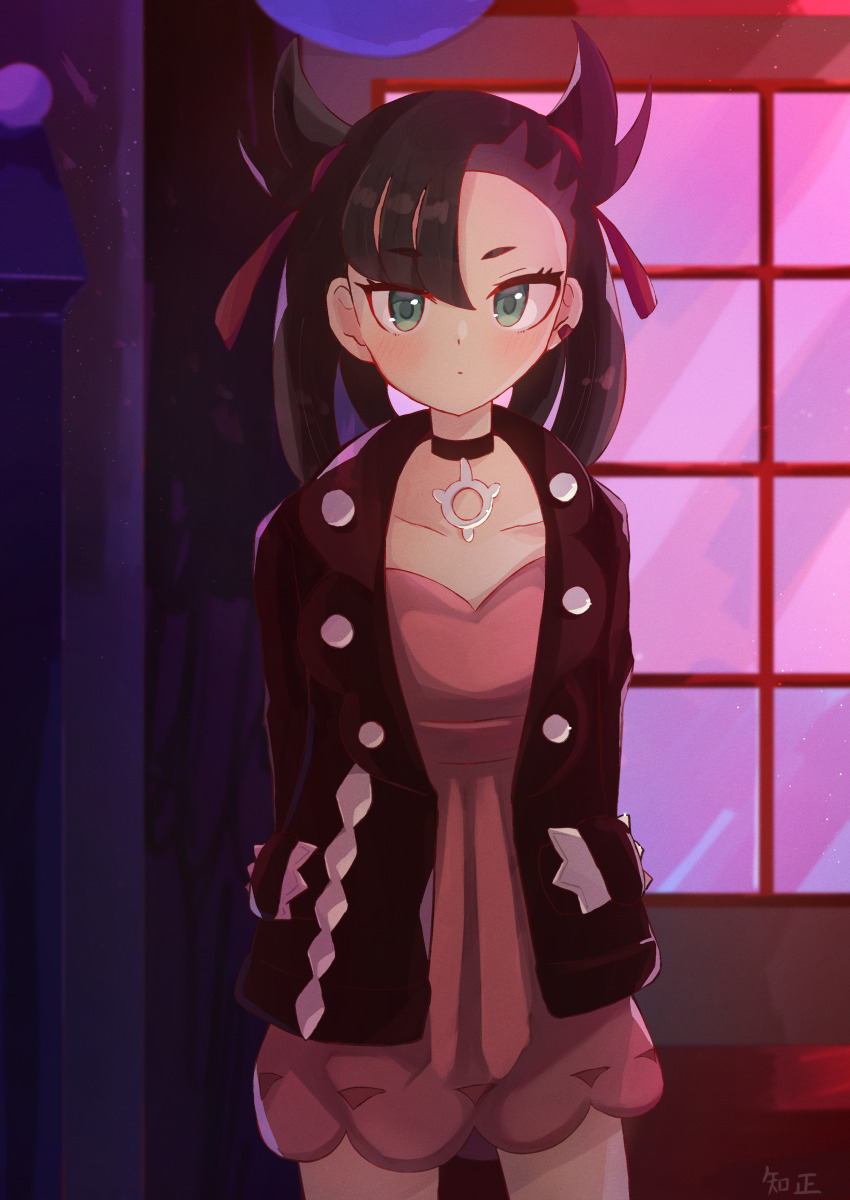 1girl, absurdres, arms_behind_back, asymmetrical_bangs, black_choker, black_hair, black_jacket, choker, closed_mouth, cowboy_shot, dress, earrings, green_eyes, hair_ribbon, highres, jacket, jewelry, looking_at_viewer, marnie_(pokemon), nintendo, pink_dress, pokemon, pokemon_sword_and_shield, red_ribbon, ribbon, single_earring, solo, tomomasa_(coralsea23), twintails, undercut, window