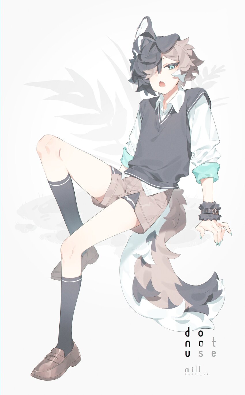 1boy, absurdres, animal_ears, black_hair, black_socks, black_sweater_vest, blue_eyes, brown_hair