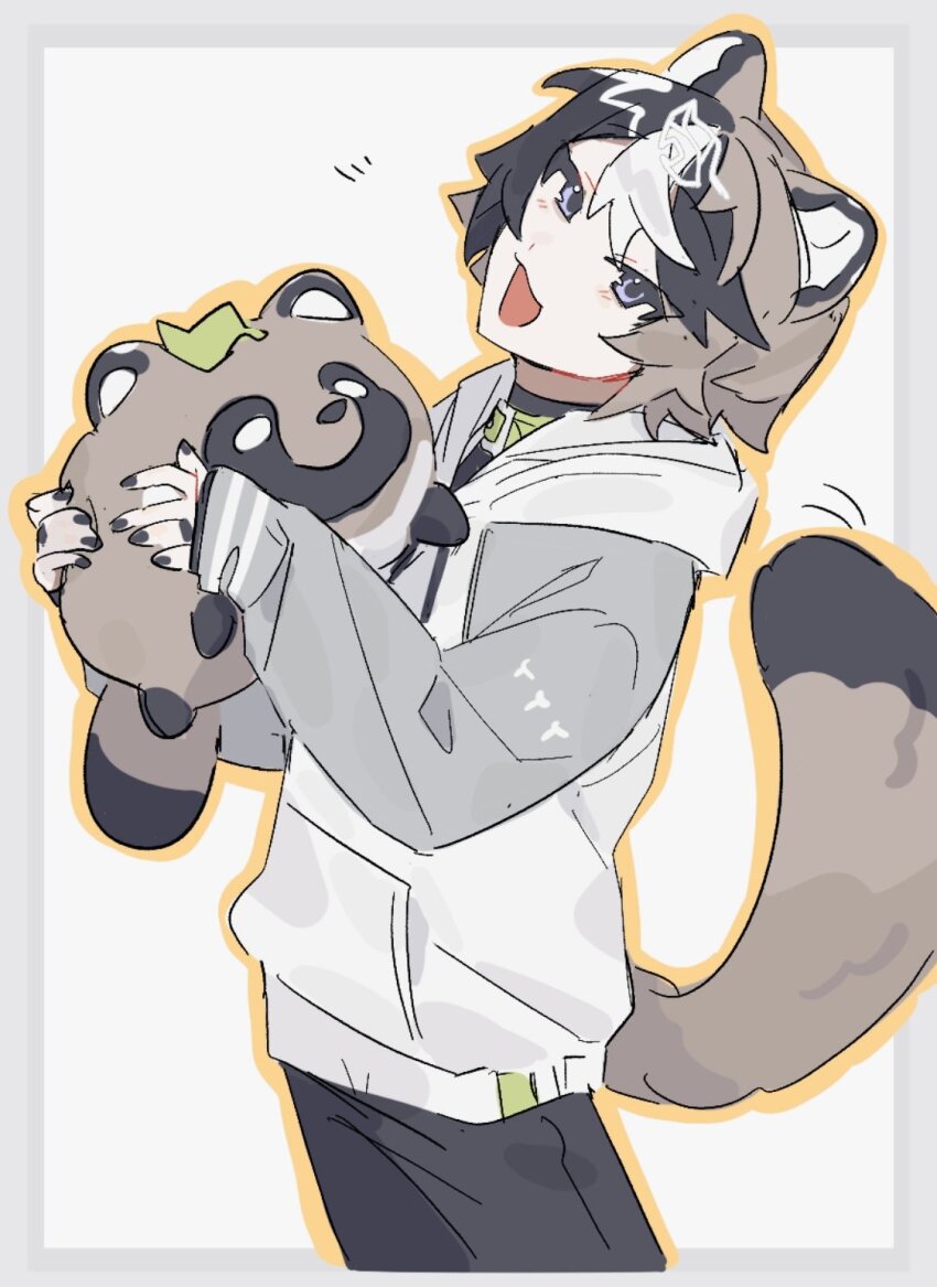 1boy, :3, animal_collar, animal_ears, black_hair, blue_eyes, border, brown_hair