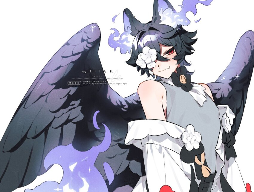 1boy, animal_ears, black_hair, black_wings, coat, commentary_request, fang, feathered_wings