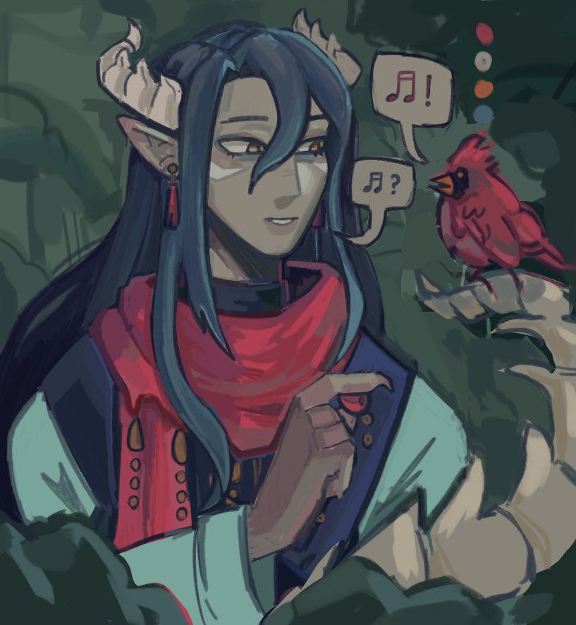 bird, bird_on_tail, blue_hair, caldarus, caldarus_(non-statue), claws, dragon_horns, dragon_tail, earrings, facial_mark, fields_of_mistria, horns, jewelry, long_hair, long_sleeves, meowmeowdino200, music, pointy_ears, red_scarf, scarf, singing, speech_bubble, tail, very_long_hair