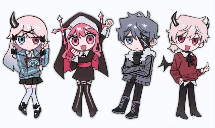 2boys, 2girls, :3, :d, arm_up, belt, black_boots, black_bow