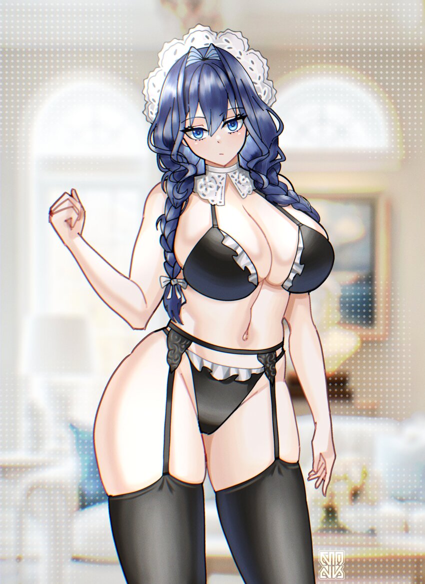 1girl, absurdres, adapted_costume, bikini, black_bikini, black_thighhighs, blue_eyes, blue_hair