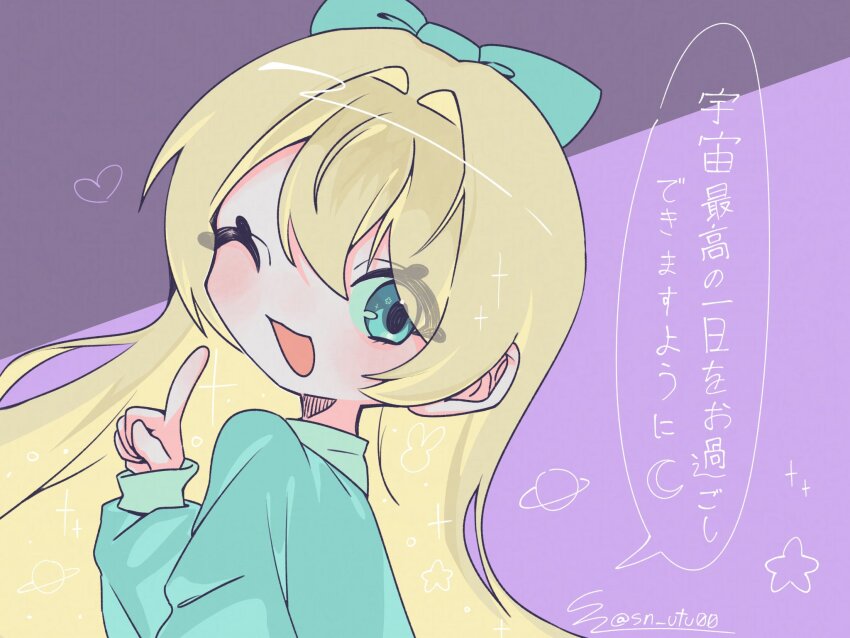 1girl, aqua_eyes, blonde_hair, bow, hair_bow, hand_up, highres, index_finger_raised