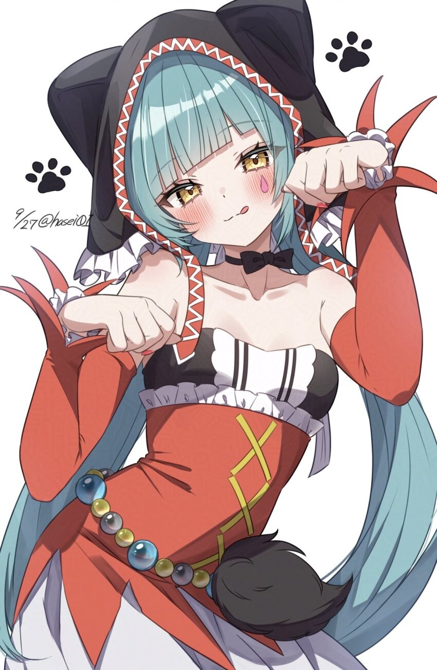 1girl, :q, animal_ears, animal_hat, aqua_hair, bare_shoulders, black_choker, black_dress
