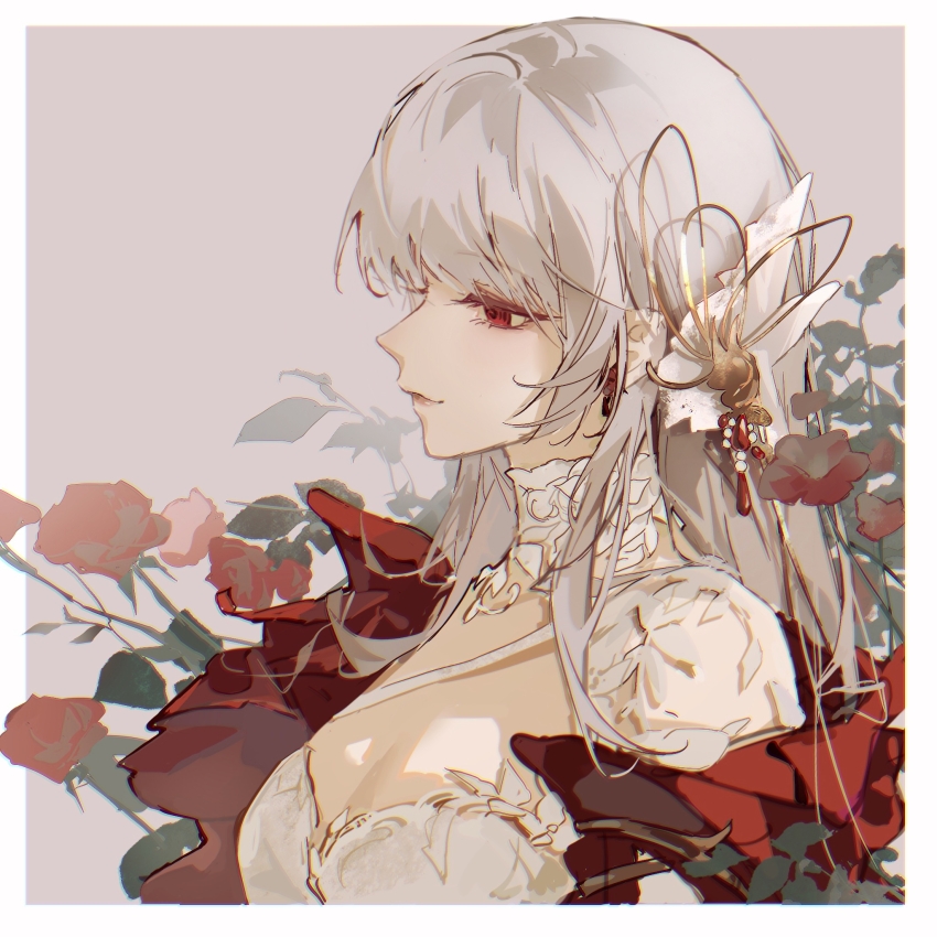 1girl, border, breasts, chinese_commentary, cleavage, commentary_request, coquelic_(path_to_nowhere), coquelic_(scarlet_whispers)_(path_to_nowhere), earrings, flower, flower_earrings, from_side, hair_ornament, highres, jewelry, leaf, long_hair, looking_ahead, name_connection, object_namesake, official_alternate_costume, outside_border, path_to_nowhere, pink_background, poppy_(flower), profile, red_eyes, red_flower, sia_di_gou, simple_background, smile, solo, thorns, upper_body, white_border, white_hair