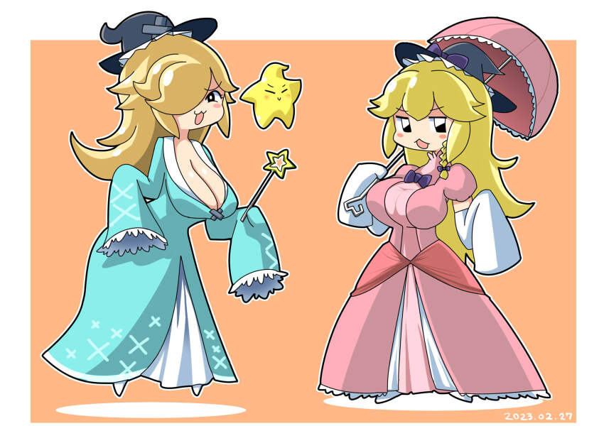 black_eyes, black_hat, blue_dress, blush_stickers, bow, braid, breasts, cleavage