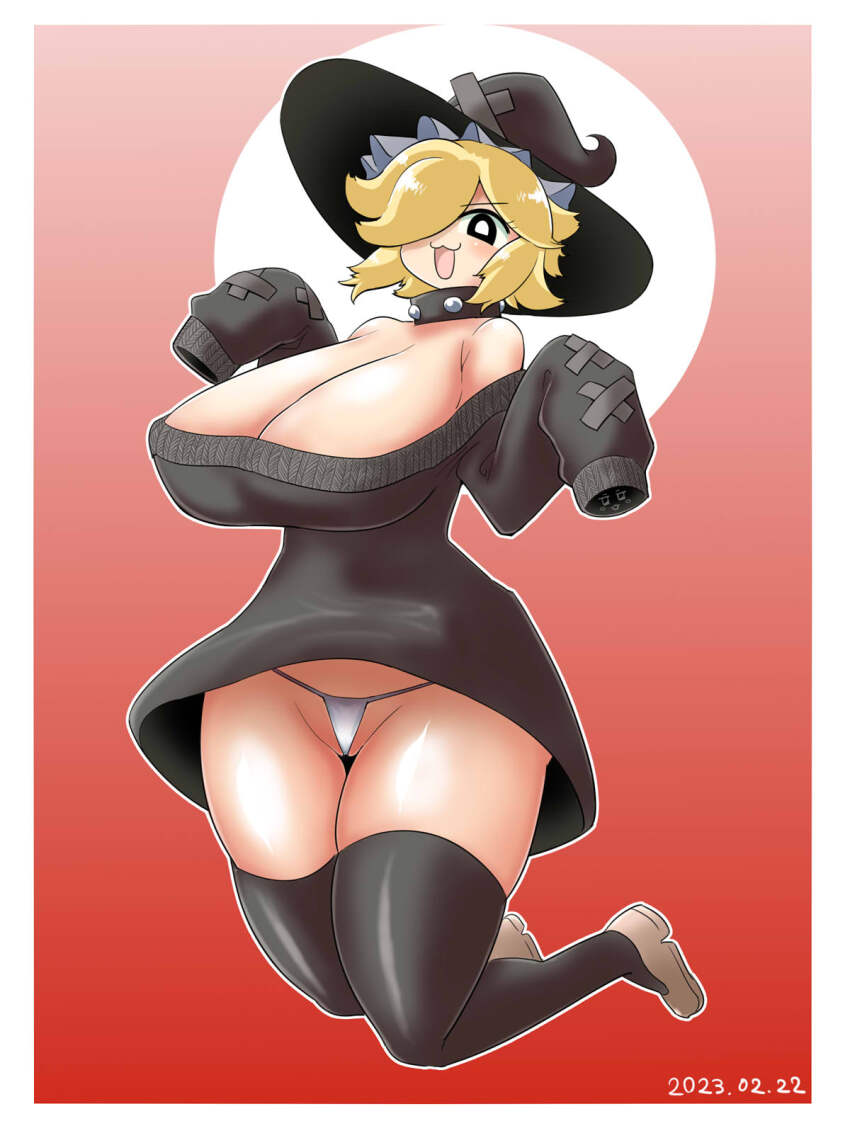 1girl, :3, black_eyes, black_hair, black_sweater, black_thighhighs, blonde_hair, blush