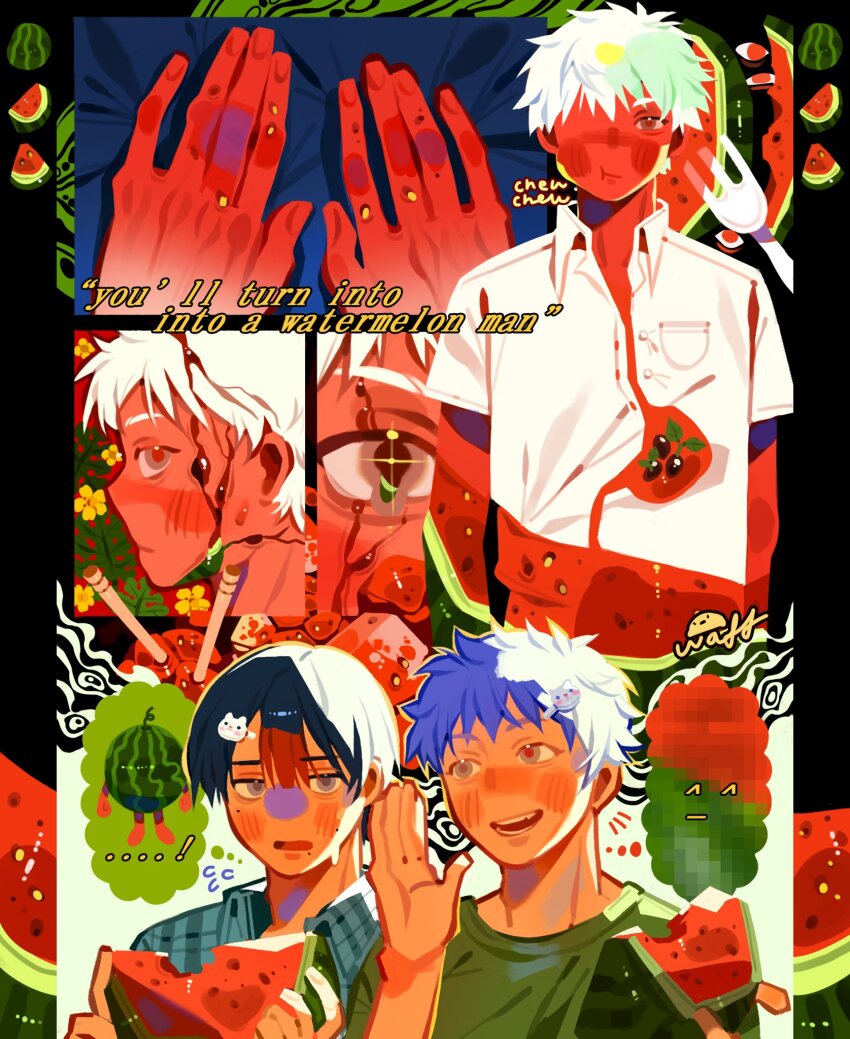 ...!, 0waff537, 2boys, black_hair, blush, checkered_clothes, collared_shirt, food