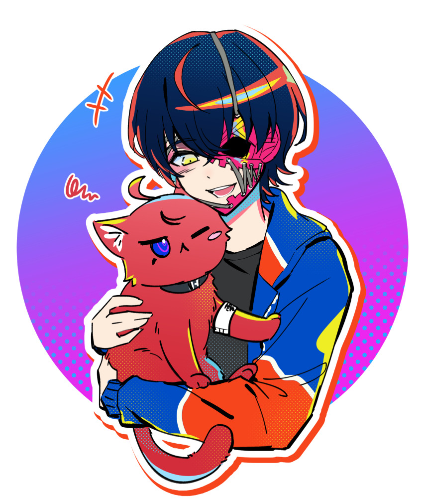 1girl, animal, animal_hug, animalization, armband, black_collar, black_hair, black_shirt