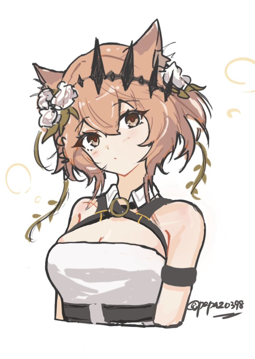 1girl, animal_ear_fluff, animal_ears, arknights, arm_strap, bare_shoulders, belt, black_belt, breasts, brown_eyes, brown_hair, chest_harness, cleavage, closed_mouth, cropped_torso, crown, detached_collar, dress, flower, fox_ears, fox_girl, hair_between_eyes, hair_flower, hair_ornament, hair_vines, harness, highres, light_blush, looking_at_viewer, medium_breasts, medium_hair, pepazo398, red_pupils, rose, simple_background, sleeveless, sleeveless_dress, solo, strapless, strapless_dress, twitter_username, upper_body, vendela_(arknights), white_background, white_flower, white_rose