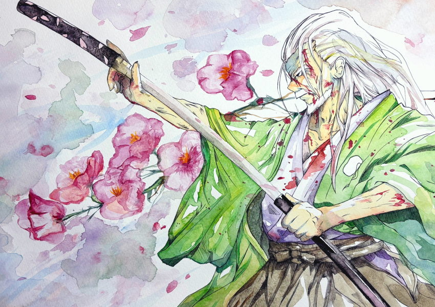1boy, absurdres, black_hakama, blood, blood_on_clothes, blood_on_face, blood_on_hands, cherry_blossom_print, collarbone, commentary_request, cowboy_shot, eae40, facial_hair, floral_print, flower, from_side, ghost_print, green_kimono, hakama, highres, holding, holding_sheath, holding_sword, holding_weapon, japanese_clothes, katana, kimono, konpaku_youki, long_hair, mustache, painting_(medium), pink_flower, profile, sheath, sheathing, solo, sword, touhou, traditional_media, watercolor_(medium), weapon, white_background, white_beard, white_hair, white_kimono