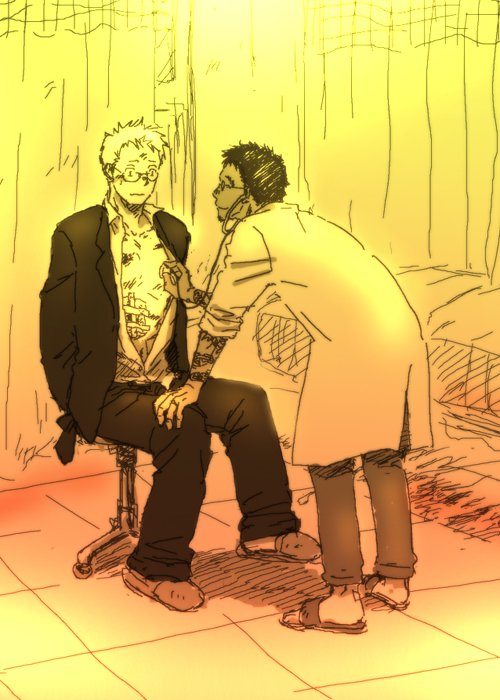 2boys, bed, blush, doctor, dorohedoro, examination, hospital, injury