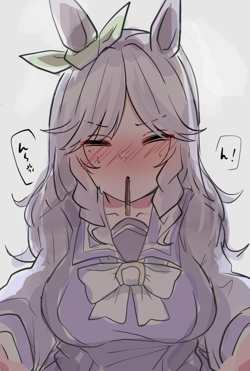 1girl, animal_ears, blush, bow, breasts, closed_eyes, ear_ribbon, facing_viewer