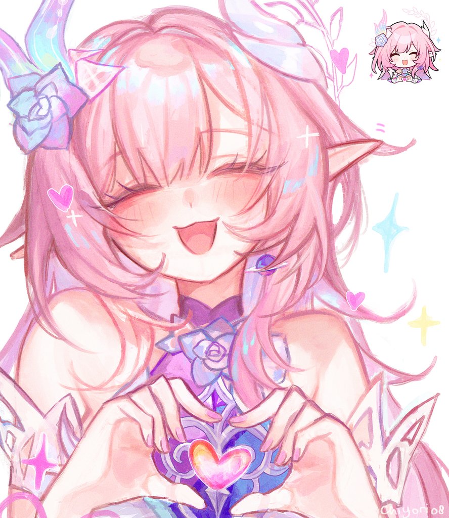 1girl, bare_shoulders, chibi, chibi_inset, chiyori08, commentary, cyrene_(demiurge)_(honkai:_star_rail), cyrene_(honkai:_star_rail)