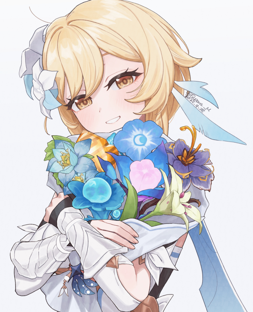 1girl, blonde_hair, blue_flower, blush, cecilia_flower_(genshin_impact), commentary_request, crossed_arms, dated