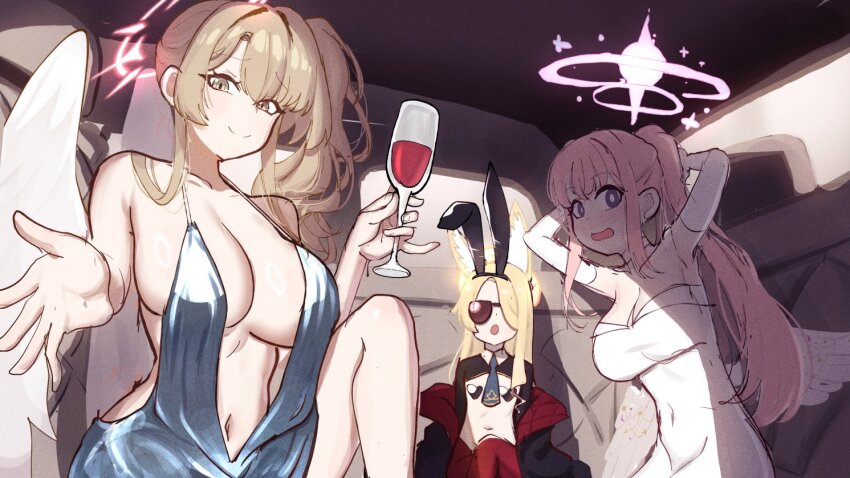 3girls, animal_ear_hairband, animal_ears, armpits, azur_lane, blonde_hair, blue_archive, breasts, brown_hair, car_interior, cosplay, cowl_neck, cross_halo, dress, elbow_gloves, evening_gown, fake_animal_ears, feathered_wings, fox_ears, gloves, goddess_of_victory:_nikke, hairband, halo, halter_dress, halterneck, heart_pasties, long_hair, malsan, mika_(blue_archive), multiple_girls, nagisa_(blue_archive), open_mouth, pasties, pink_hair, plunging_neckline, ponytail, rabbit_ears, reverse_bunnysuit, reverse_outfit, rouge_(nikke), rouge_(unlucky_rabbit)_(nikke), saori_(blue_archive), saori_(blue_archive)_(cosplay), saori_(dress)_(blue_archive), seia_(blue_archive), shrug_(clothing), side_ponytail, silver_dress, st._louis_(azur_lane), st._louis_(azur_lane)_(cosplay), st._louis_(luxurious_wheels)_(azur_lane), tea_party_(blue_archive), tying_hair, white_dress, white_gloves, white_wings, wings, yellow_eyes, yellow_halo
