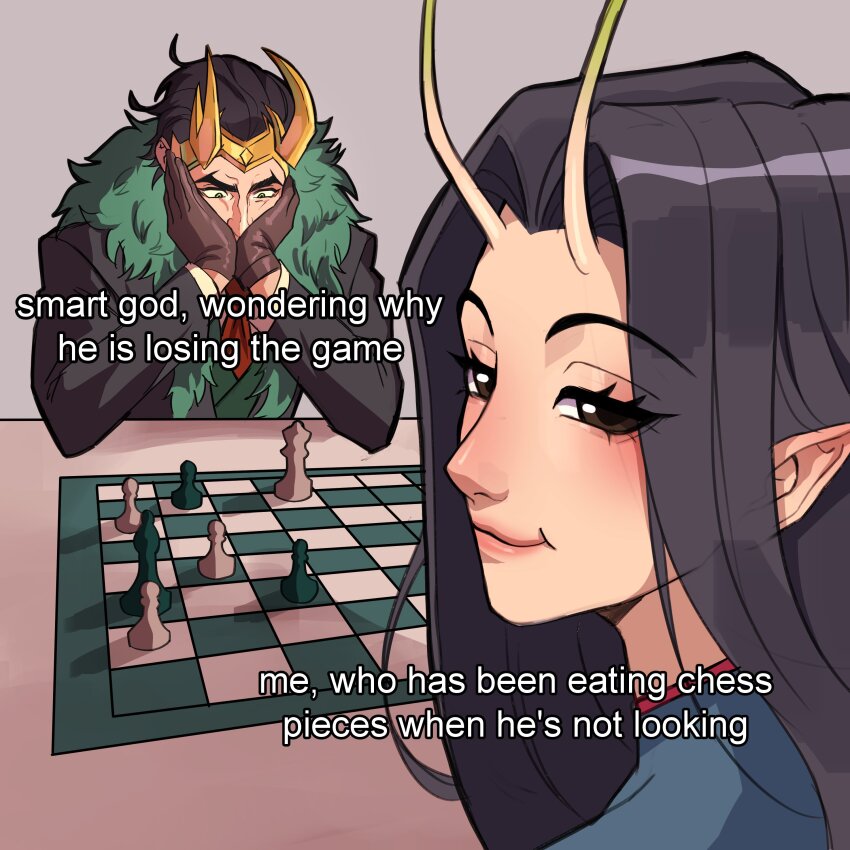 1boy, 1girl, absurdres, alien, antennae, black_eyes, black_hair, black_jacket, board_game, brown_gloves, chess, chess_piece, commentary, confused, eating_non-food, eating_the_chess_pieces_(meme), english_commentary, english_text, fake_horns, gloves, green_eyes, grey_background, guardians_of_the_galaxy, highres, horned_headwear, horns, jacket, loki_(marvel), loki_(presidential_attire)_(marvel), looking_back, mantis_(marvel), marvel, marvel_rivals, meme, parted_hair, pointy_ears, soapallo, upper_body