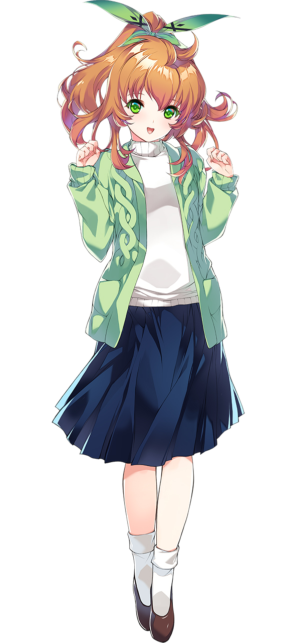 1girl, :d, asano_ayaka, blue_skirt, bow, breasts, choukou_(alicesoft), choukou_taisen_escalation_heroines, clenched_hand, full_body, green_eyes, green_jacket, hair_bow, highres, jacket, medium_breasts, min-naraken, official_art, open_mouth, orange_hair, ponytail, skirt, smile, solo, sweater, tachi-e, turtleneck, turtleneck_sweater