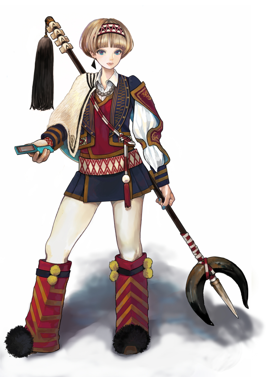 1girl, animal_skin_cape, bead_necklace, beads, blue_eyes, blue_jacket, blue_nails, blue_skirt, boots, bowl_cut, brown_hair, cellphone, closed_mouth, collared_shirt, earrings, flip_phone, hair_over_hairband, hairband, highres, holding, holding_phone, holding_polearm, holding_weapon, jacket, jewelry, kaworu, lips, long_sleeves, looking_at_viewer, nail_polish, necklace, open_clothes, open_jacket, original, phone, pleated_skirt, polearm, primitive_school_girl, red_boots, red_vest, shirt, short_hair, side_cape, single_earring, skirt, solo, standing, tassel, triangle_earrings, trident, vest, weapon, white_shirt