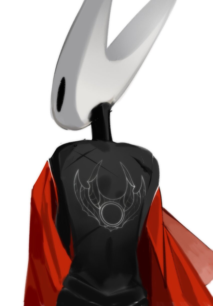 1girl, arthropod_girl, back, back_focus, back_tattoo, black_eyes, black_skin, blank_eyes, cloak, colored_skin, female_focus, fleshbird, from_behind, furry, furry_female, highres, hollow_knight, hornet_(hollow_knight), joints, red_cloak, scar, scar_on_back, simple_background, solo, standing, tattoo, upper_body, white_background
