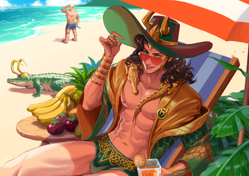 2boys, alligator_loki, arm_tattoo, banana, beach, beach_chair, beach_umbrella, black_hair, blonde_hair, blue_male_swimwear, bracelet, brothers, crocodile, crocodilian, drink, eilinna, food, fruit, gold_bracelet, gold_ring, green_eyes, green_hat, green_male_swimwear, hat, highres, holding, holding_drink, horned_hat, jewelry, loki_(marvel), loki_(robe_of_relaxation)_(marvel), long_hair, looking_at_viewer, male_focus, male_swimwear, mango, marvel, marvel_rivals, multiple_boys, multiple_rings, muscular, muscular_male, ocean, official_alternate_costume, open_clothes, open_robe, orange_(fruit), orange_slice, parted_lips, pectorals, persimmon, pineapple, ring, robe, sandals, siblings, smile, standing, sun_hat, sunglasses, swim_briefs, tattoo, thor_(marvel), thor_(worthy_waves)_(marvel), topless_male, tropical_drink, umbrella, upper_body