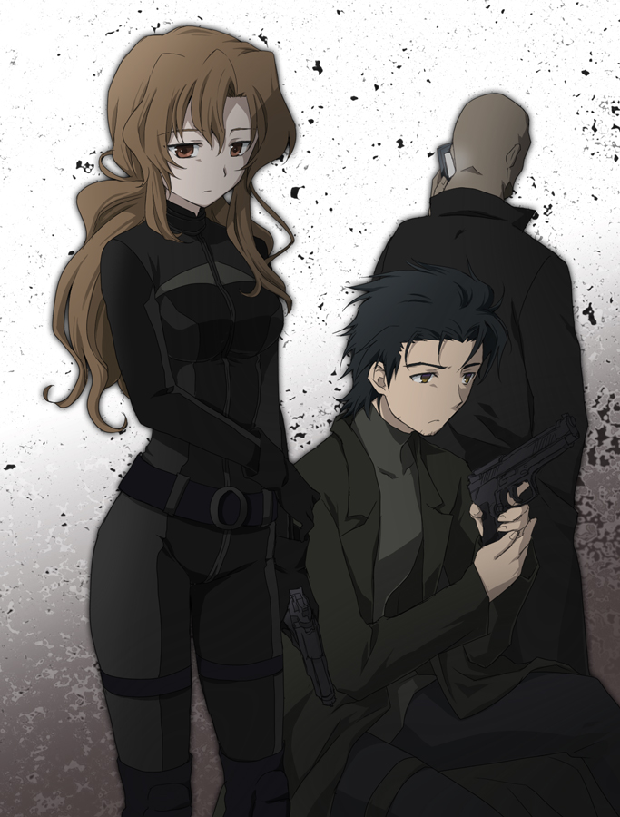 1girl, 2boys, bald, black_hair, bodysuit, brown_hair, cellphone, coat