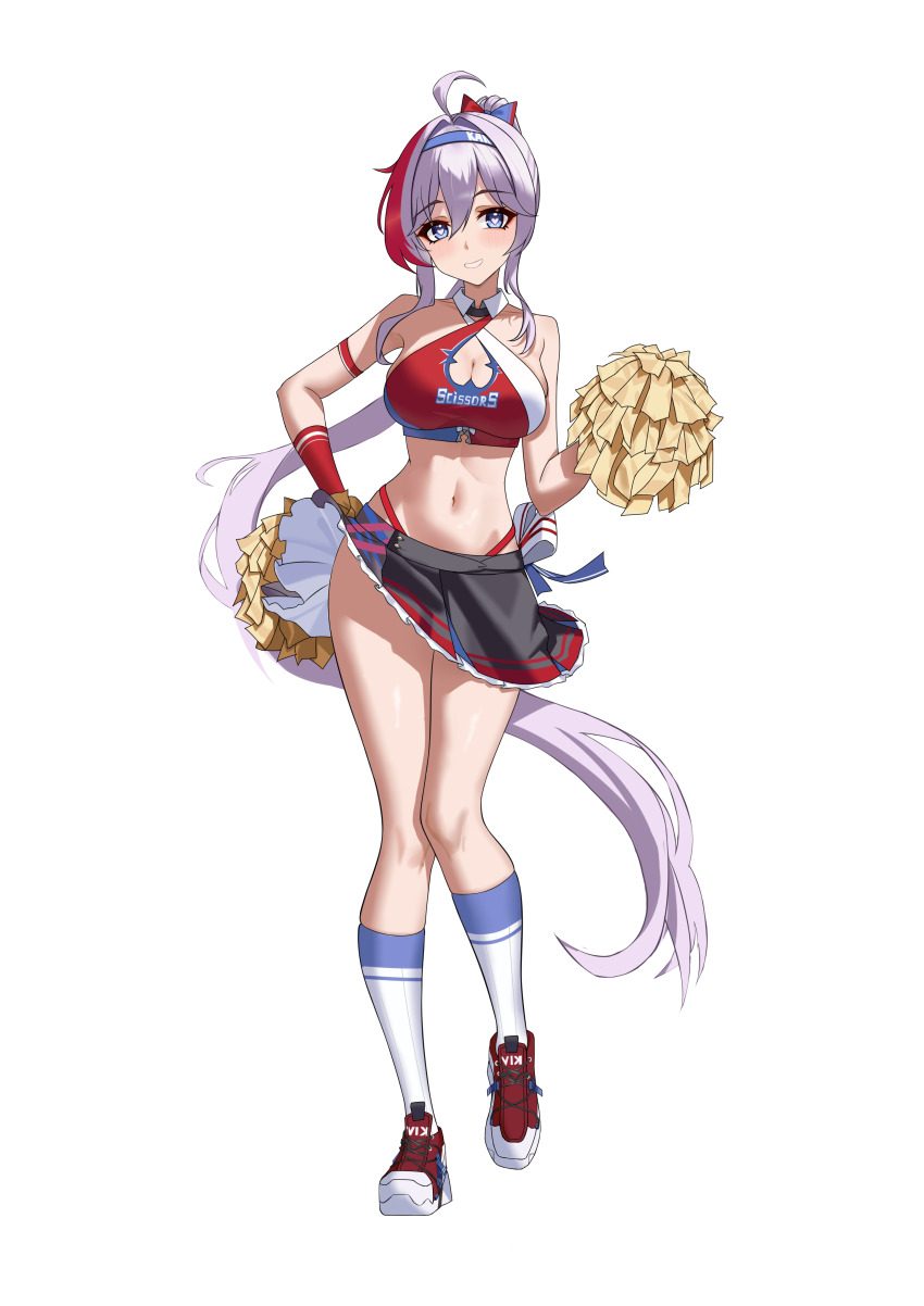 1girl, absurdres, ahoge, armband, armpit_crease, asymmetrical_clothes, bare_shoulders, blue_eyes, blush, breasts, cheerleader, cleavage, collarbone, crop_top, halterneck, hand_up, heart, heart-shaped_pupils, highleg, highleg_panties, highres, kanami_(rally_queen)_(strinova), kanami_(strinova), large_breasts, long_hair, looking_at_viewer, miniskirt, multicolored_hair, navel, panties, parted_lips, pom_pom_(cheerleading), ponytail, rain_sorrow, red_hair, shoes, sidelocks, simple_background, skirt, smile, solo, standing, strinova, symbol-shaped_pupils, teeth, thick_thighs, thighs, underwear, white_background, white_hair