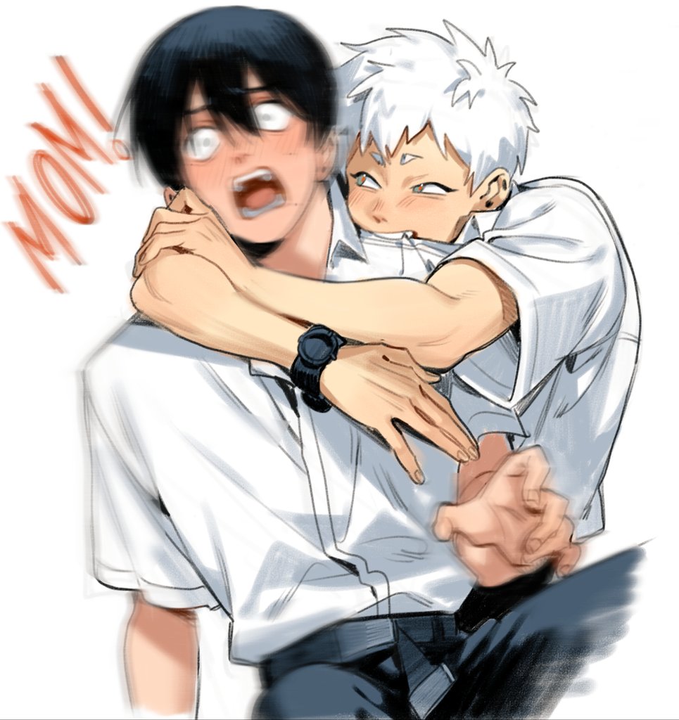 2boys, belt, biting, biting_shoulder, black_belt, black_hair, black_pants, collared_shirt