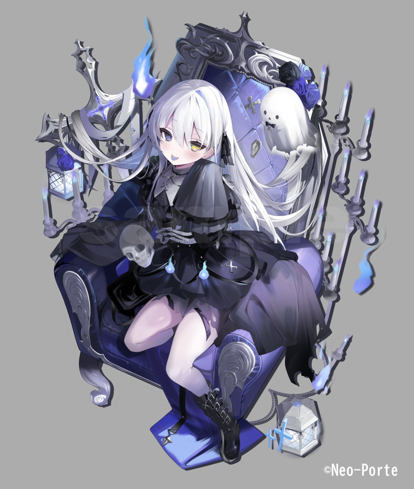 1girl, absurdres, bare_legs, black_boots, black_dress, blue_fire, boots, candle