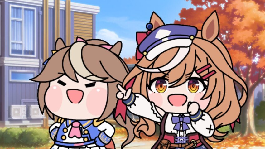 2girls, animal_ears, ascot, asymmetrical_gloves, belt_bag, blush, bow, brown_hair