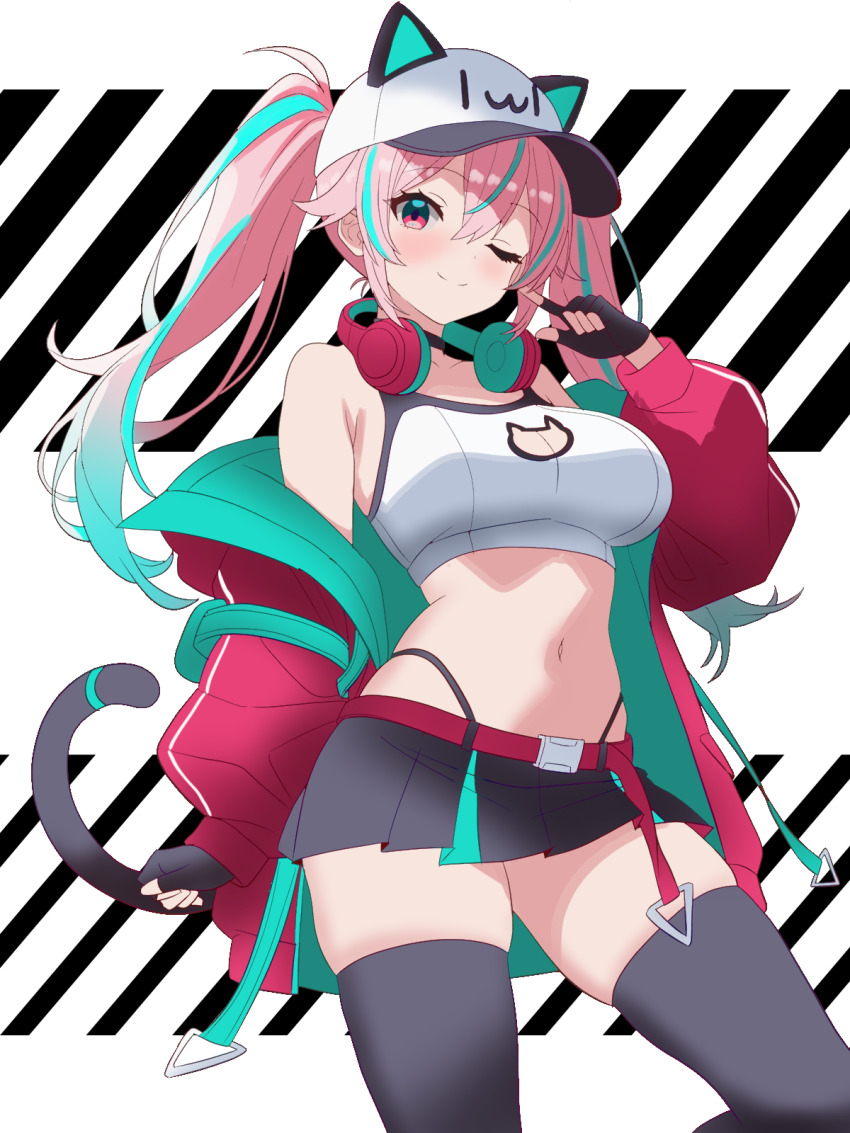 1girl, animal_ears, armpit_crease, baseball_cap, belt, belt_buckle, blue_hair, blush