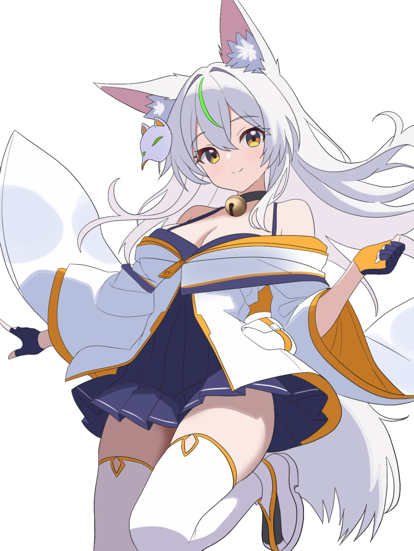 1girl, animal_ear_fluff, animal_ears, bell, breasts, choker, cleavage, fingerless_gloves