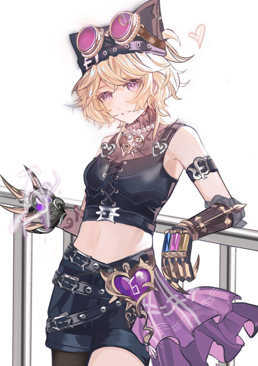 1girl, absurdres, animal_hat, arm_strap, belt, black_shorts, blonde_hair, cat_hat