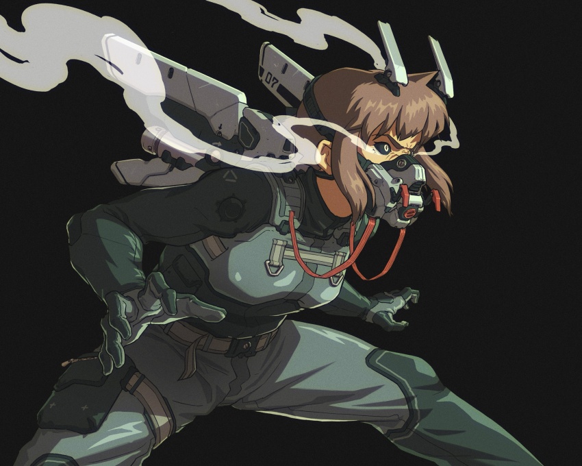 1girl, belt, black_background, black_sclera, brown_hair, colored_sclera, davey_perkins, drugs, gas_mask, helmet, highres, mask, medium_hair, original, pouch, smoke, solo, thigh_pouch, yellow_eyes