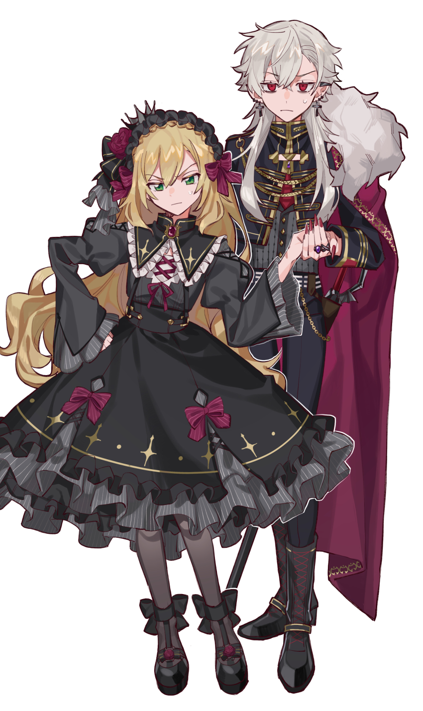 2boys, absurdres, aiguillette, black_boots, black_dress, black_hairband, black_jacket, black_pants, black_pantyhose, black_shoes, blonde_hair, boots, cape, cropped_jacket, cross, cross_earrings, crossdressing, crossdressing_(mtf), crown, dress, earrings, fingernails, gothic_lolita, green_eyes, grey_hair, hairband, high_heels, highres, jacket, jewelry, juliet_sleeves, knee_boots, kuzuha_(2nd_costume)_(nijisanji), kuzuha_(nijisanji), lolita_fashion, long_fingernails, long_hair, long_sleeves, male_focus, mimisu, multiple_boys, nail_polish, nijisanji, official_alternate_costume, pants, pantyhose, pointy_ears, puffy_sleeves, red_cape, red_eyes, red_nails, shoes, sweatdrop, trap, uzuki_kou, uzuki_kou_(4th_costume), virtual_youtuber, wide_sleeves