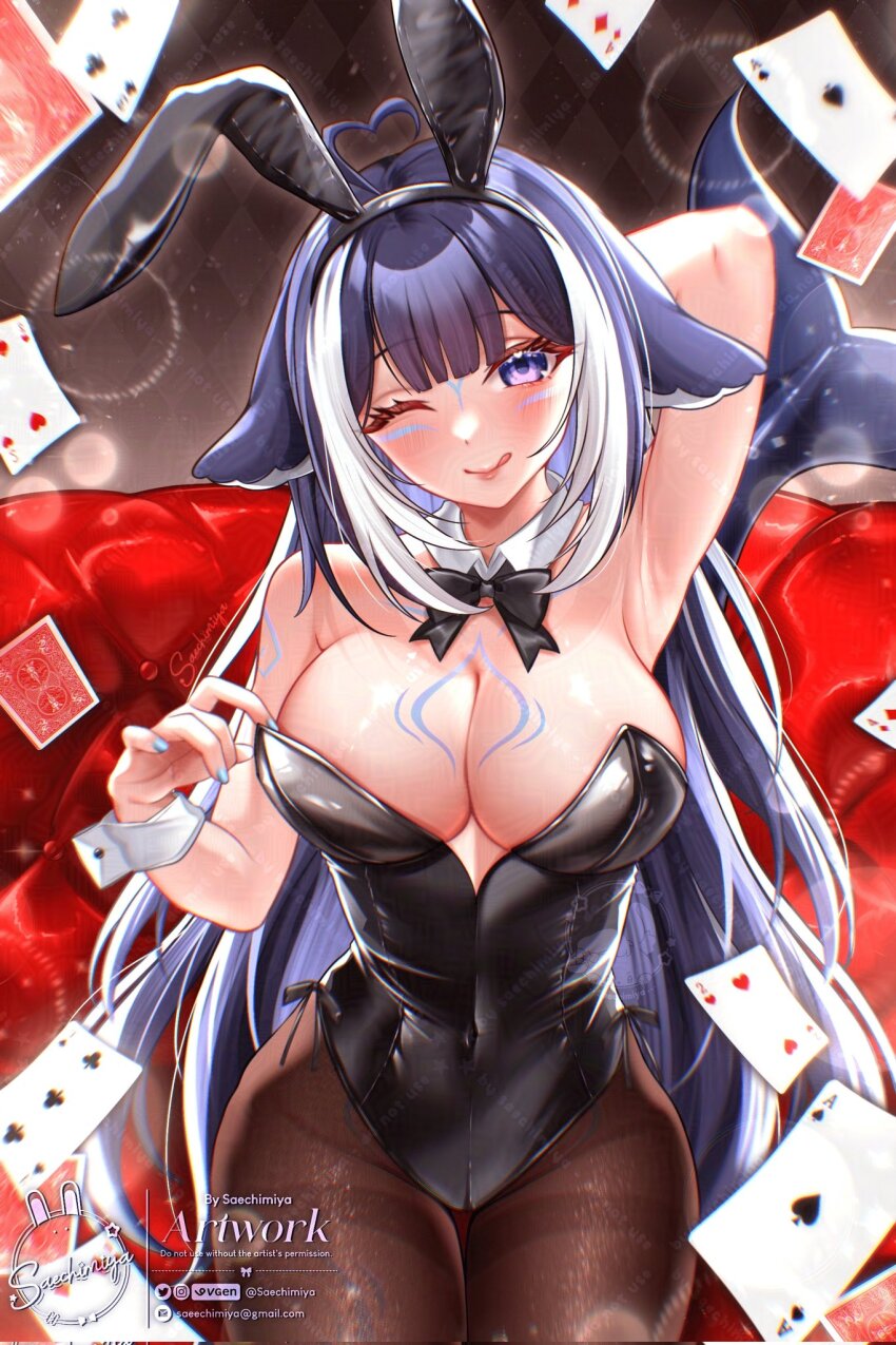 1girl, ace_(playing_card), ace_of_spades, animal_ears, arm_behind_head, armpits, artist_name, bare_shoulders, black_leotard, black_pantyhose, blue_eyes, blue_hair, body_markings, breasts, card, cetacean_tail, facial_mark, fake_animal_ears, fins, fish_tail, four_of_diamonds, highres, indie_virtual_youtuber, large_breasts, leotard, long_hair, multicolored_hair, orca_girl, pantyhose, playboy_bunny, playing_card, rabbit_ears, saechimiya, shylily, solo, spade_(shape), strapless, strapless_leotard, streaked_hair, tail, three_of_clubs, two-tone_hair, two_of_hearts, virtual_youtuber, white_hair