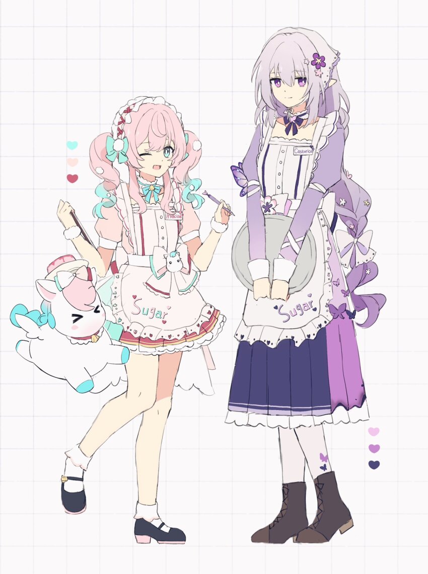 2girls, alternate_costume, apron, aqua_eyes, aqua_hair, black_boots, black_shoes, boots