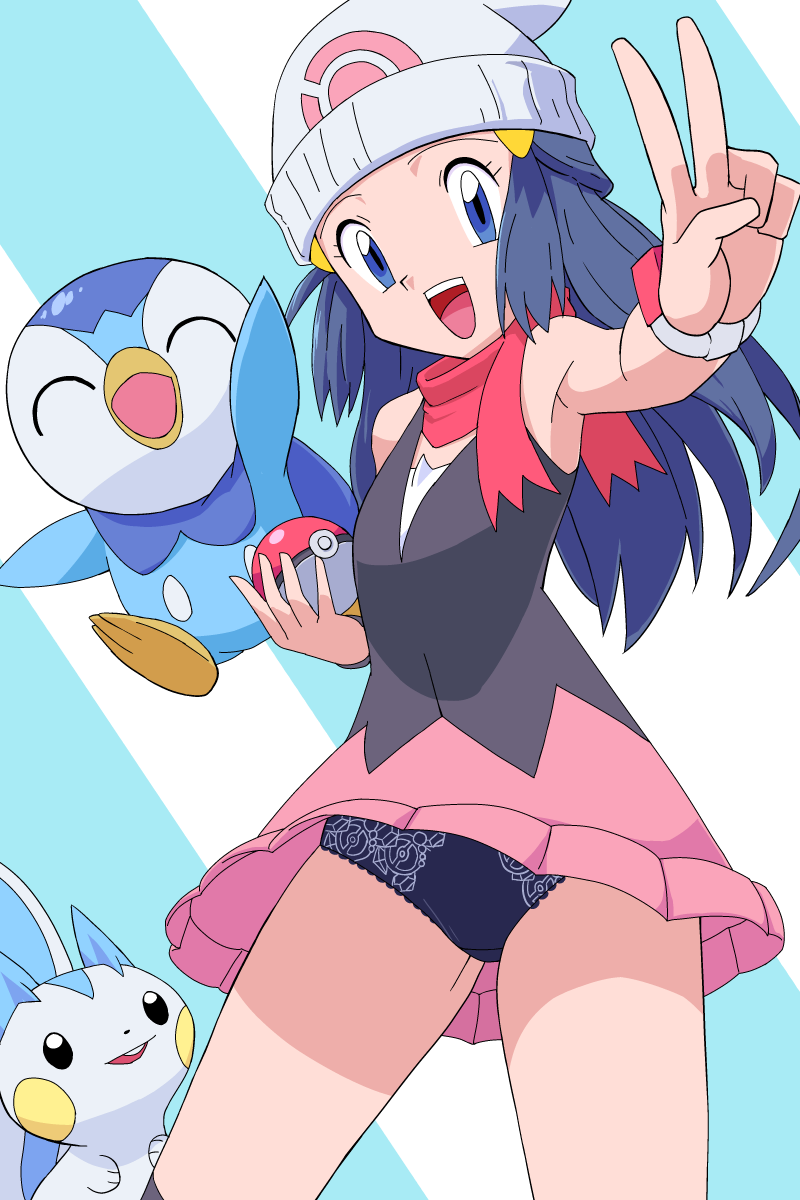 1girl, :d, beanie, blue_eyes, commentary_request, dawn_(pokemon), eyelashes, gen_4_pokemon