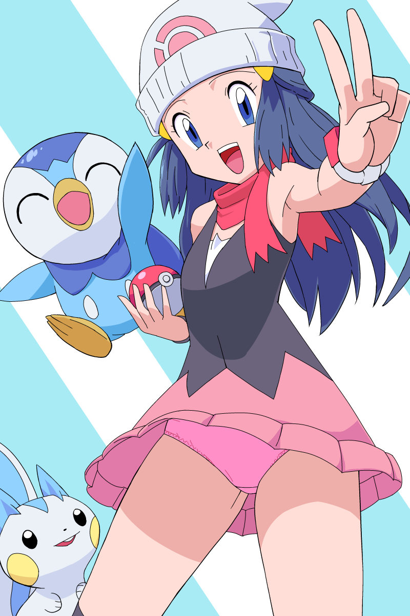 1girl, :d, beanie, blue_eyes, commentary_request, dawn_(pokemon), eyelashes, gen_4_pokemon