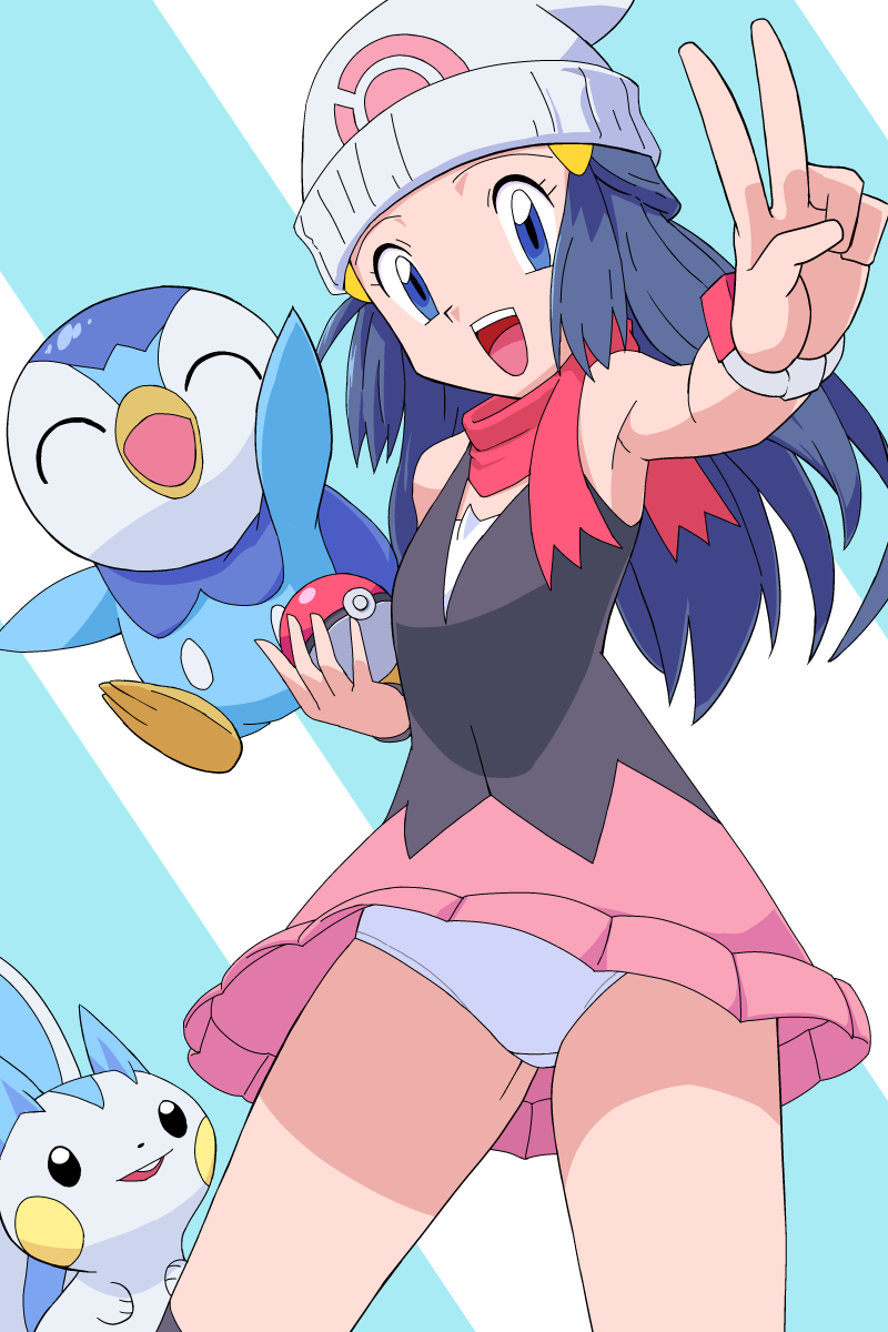 1girl, :d, beanie, blue_eyes, commentary_request, dawn_(pokemon), eyelashes, gen_4_pokemon