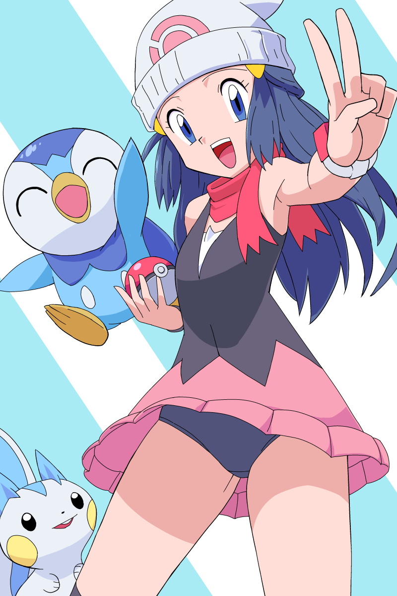 1girl, :d, beanie, blue_eyes, commentary_request, dawn_(pokemon), eyelashes, gen_4_pokemon