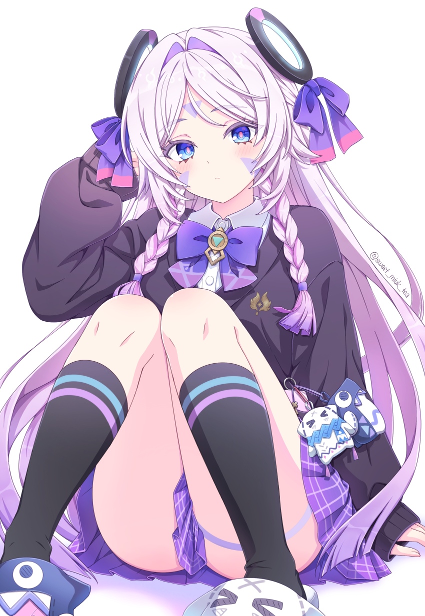 1girl, absurdres, alternate_costume, black_socks, black_sweater, blue_eyes, blush, bow