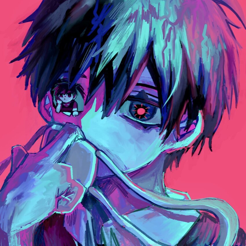 2boys, :t, alternate_skin_color, antenna_hair, black_eyes, black_hair, black_shirt, black_sweater_vest, blue_skin, bright_pupils, closed_mouth, collared_shirt, colored_skin, commentary_request, covered_mouth, double-parted_bangs, eyepatch, hair_between_eyes, hand_on_own_cheek, hand_on_own_face, hand_up, highres, holding_eyepatch, looking_ahead, male_focus, marugayottu, multiple_boys, no_pupils, omori, painterly, portrait, red_background, red_pupils, shirt, short_hair, short_sleeves, simple_background, solo, spoilers, sunny_(omori), sweater_vest, t-shirt, unworn_eyepatch, very_short_hair, white_shirt