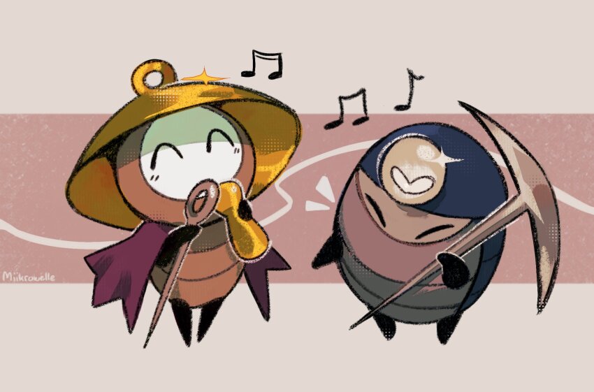 1boy, 1girl, ^_^, arthropod_girl, artist_name, bell, black_skin, blush