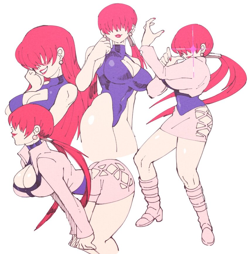 1girl, ass, badly_tagged_upload, bend, bent_over, bodysuit, boots, breasts, cleavage, cleavage_cutout, clothing_cutout, coat, dress, earrings, fishnets, hair_over_eyes, high_heels, highres, inkerton-kun, jacket, jewelry, large_breasts, leaning_forward, long_hair, long_sleeves, one-piece_swimsuit, pale_skin, pink_hair, pink_lips, ponytail, shermie_(kof), shiny_clothes, shiny_skin, simple_background, skin_tight, skirt, smile, smiley_face, source_request, standing, swimsuit, the_king_of_fighters, thighs, tight_clothes, twintails, undressing, white_background