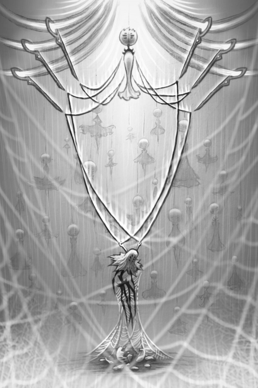 blurry, blurry_foreground, dress, first_sinner_(hollow_knight), floating, full_body, grey_theme, greyscale